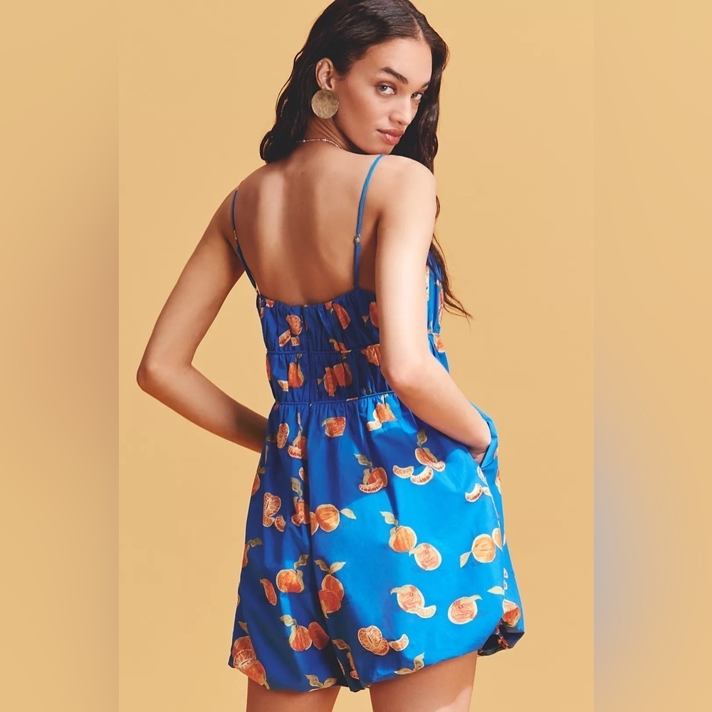 NWT! Farm Rio x Anthropologie Orange Printed Smocked Sleeveless Romper -🎬 - Picture 3 of 8